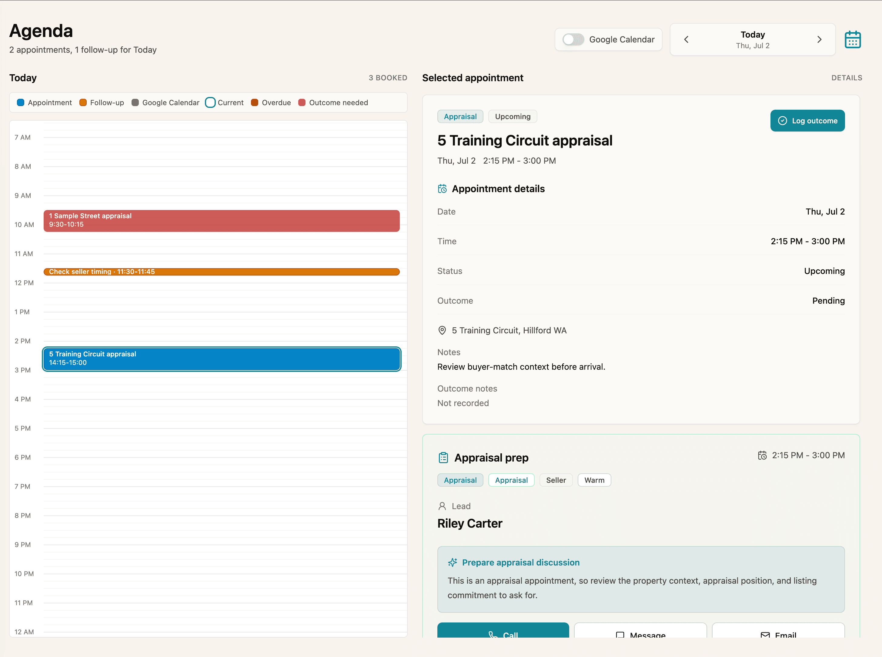 Screenshot of the Chase agenda showing appointments, scheduled follow-ups, and calendar blocks for the day.