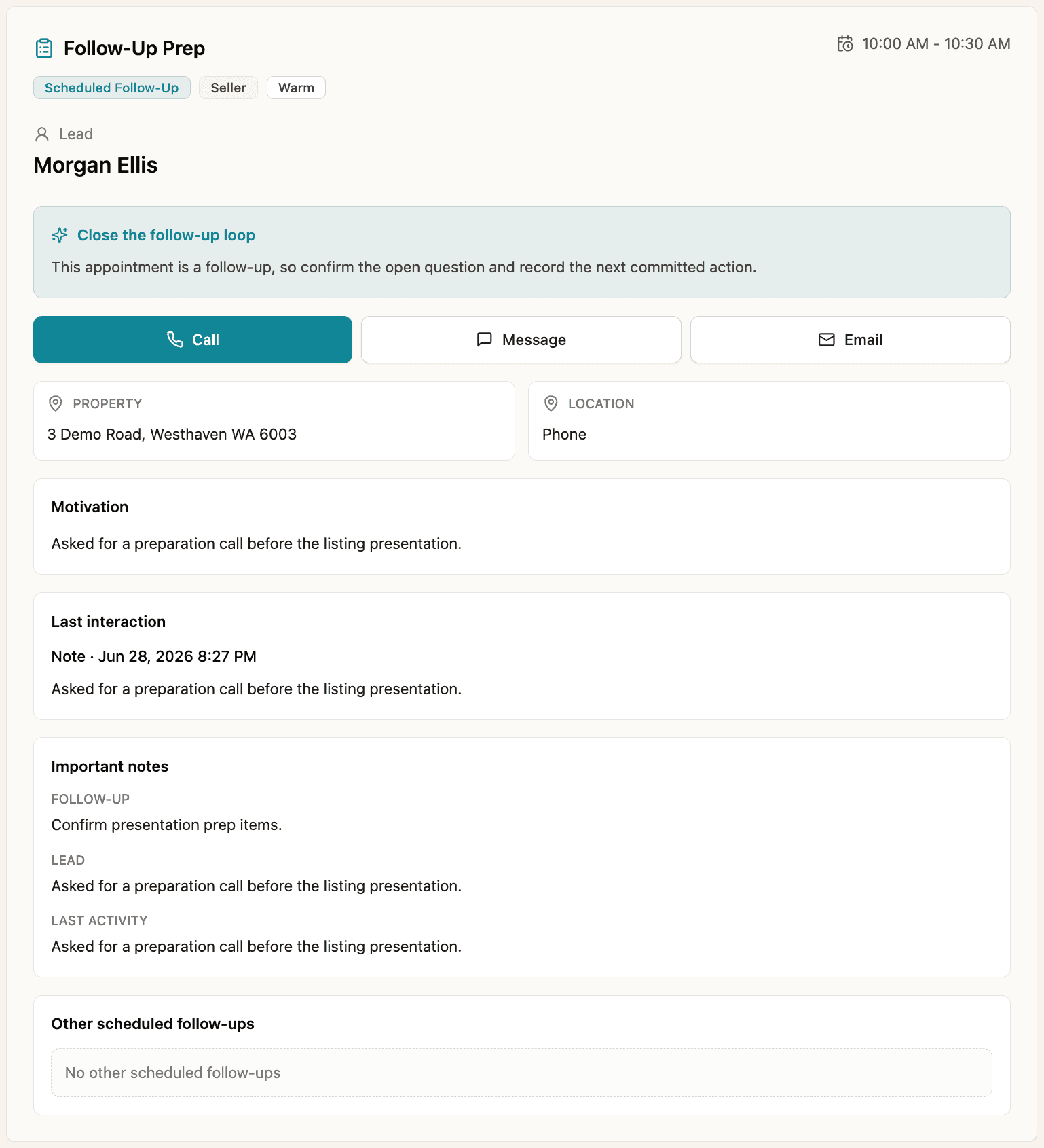 Screenshot of the Chase appointment prep panel showing seller context, property details, appraisal history, notes, and suggested prep.