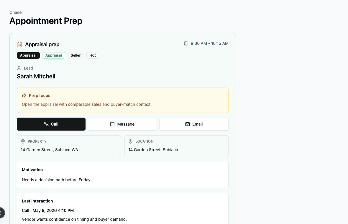 Screenshot of the Chase appointment prep card showing appraisal context, seller details, motivation, notes, and follow-ups.