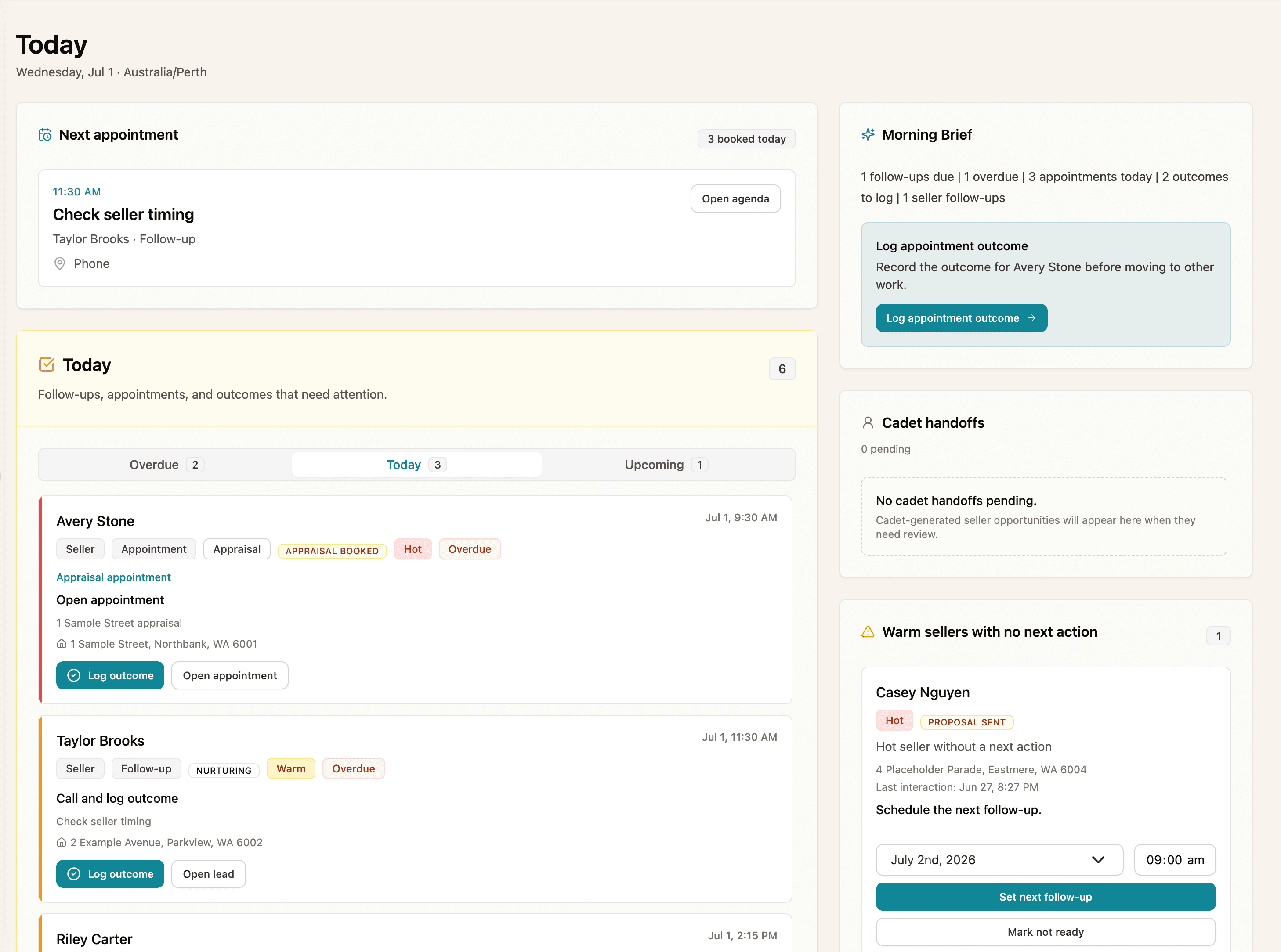 Screenshot of Chase showing pipeline coverage, cadet handoffs, and sellers missing next actions.