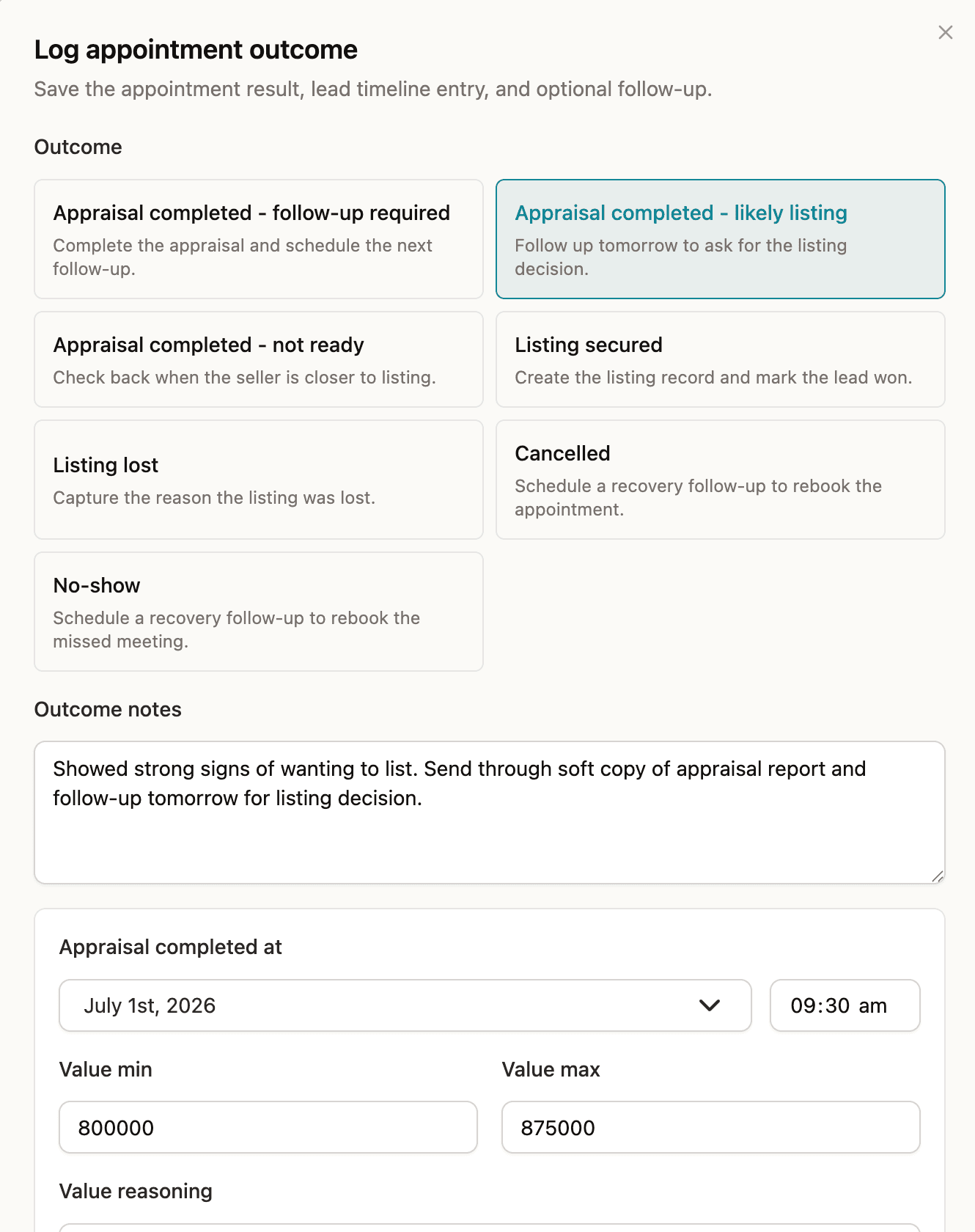 Screenshot of the Chase appointment outcome view showing a completed appraisal and logged outcome notes.