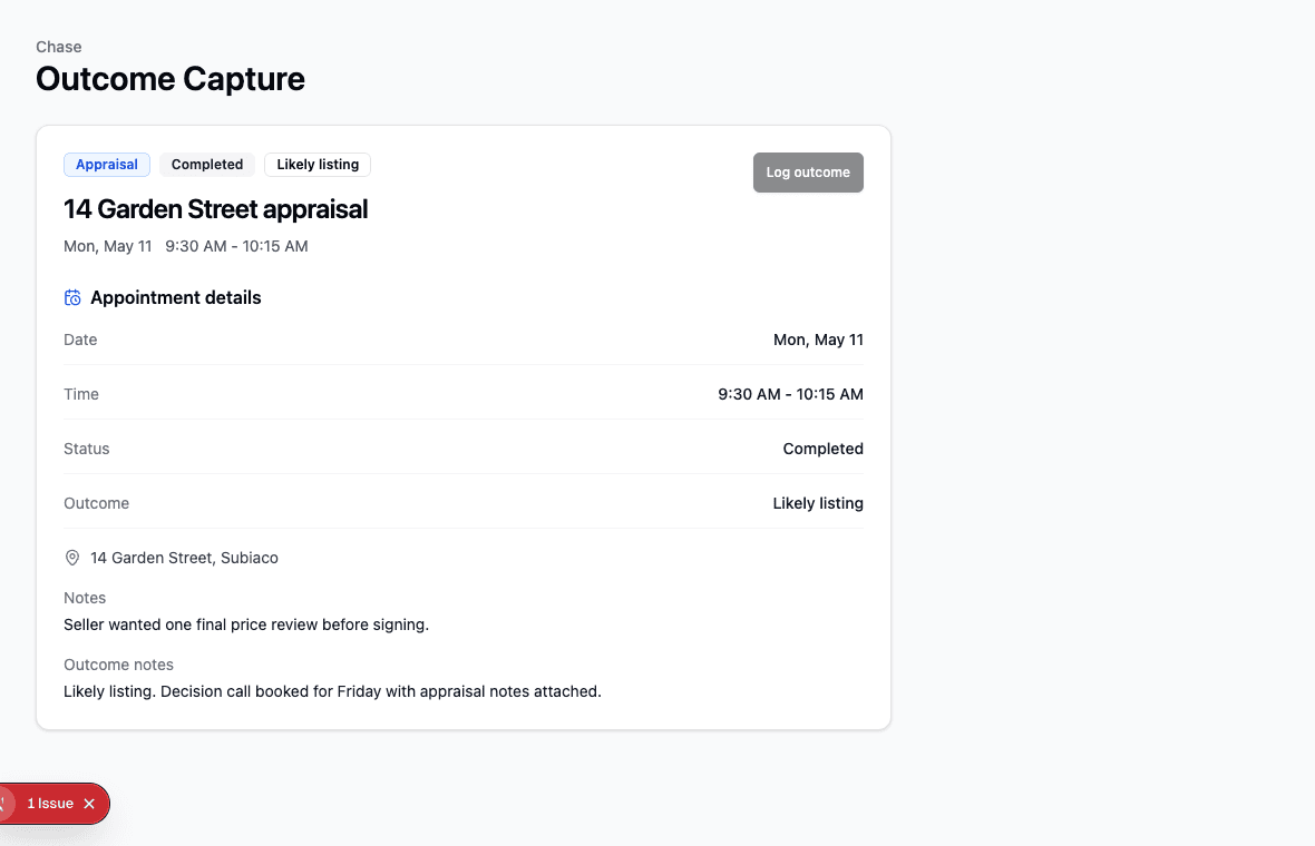 Screenshot of the Chase appointment outcome view showing a completed appraisal and logged outcome notes.
