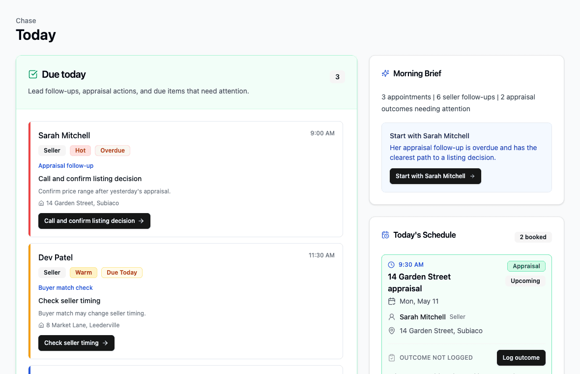 Screenshot of the Chase Today page showing due seller work, morning brief, schedule, and cadet activity.
