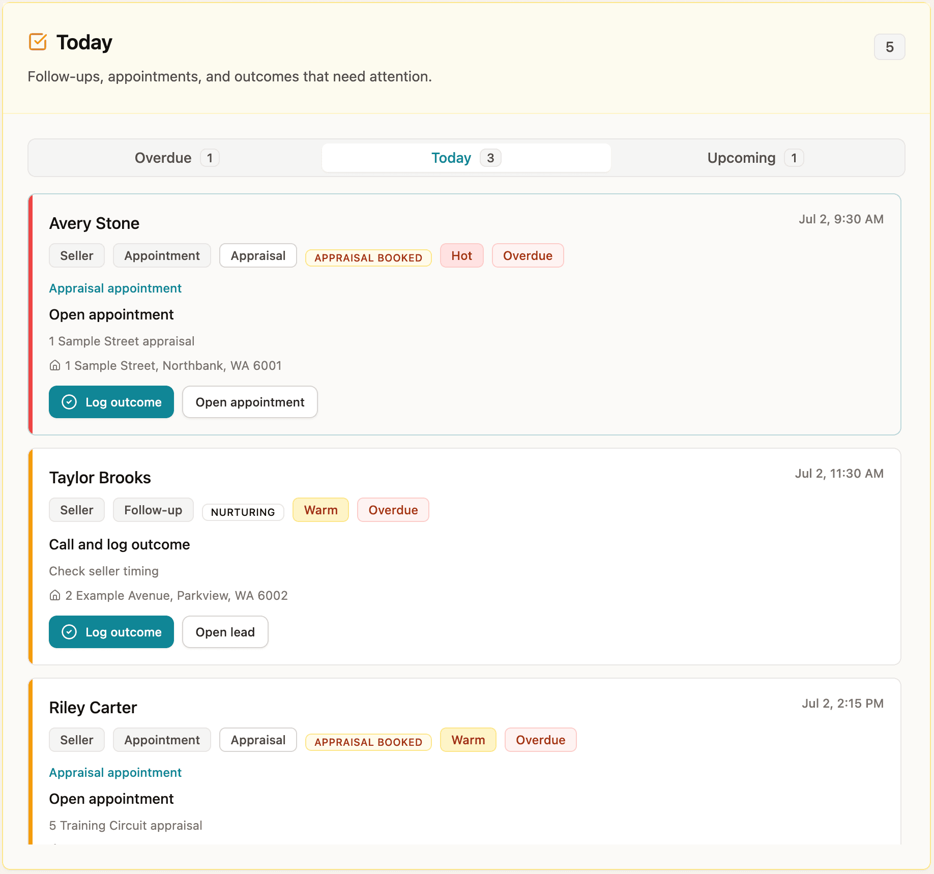 Screenshot of the Chase Today page showing the morning brief, unified due work, next appointment, cadet handoffs, and sellers without next actions.